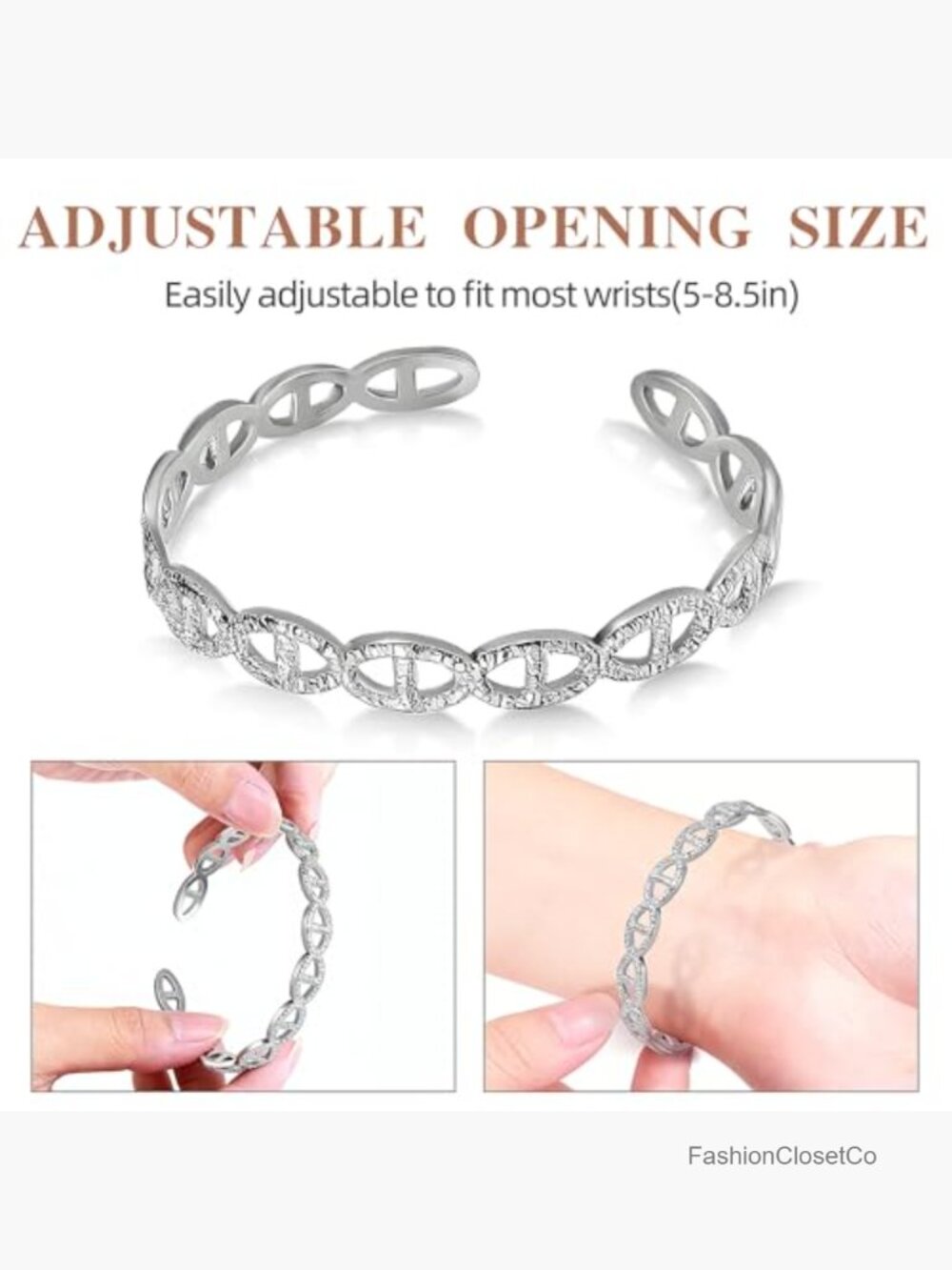 Hammered Silver Cuff Bracelet Bangle, Titanium Steel Adjustable Openwork Design - Picture 3 of 7